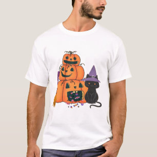 T-shirt Pile de citrouilles d'Halloween avec chat noir, bo