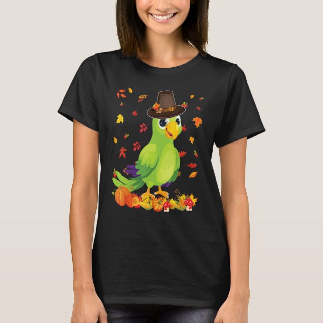 T-shirt Pilgrim Parrot Happy Thanksgiving Thankful Pumpkin (Devant)