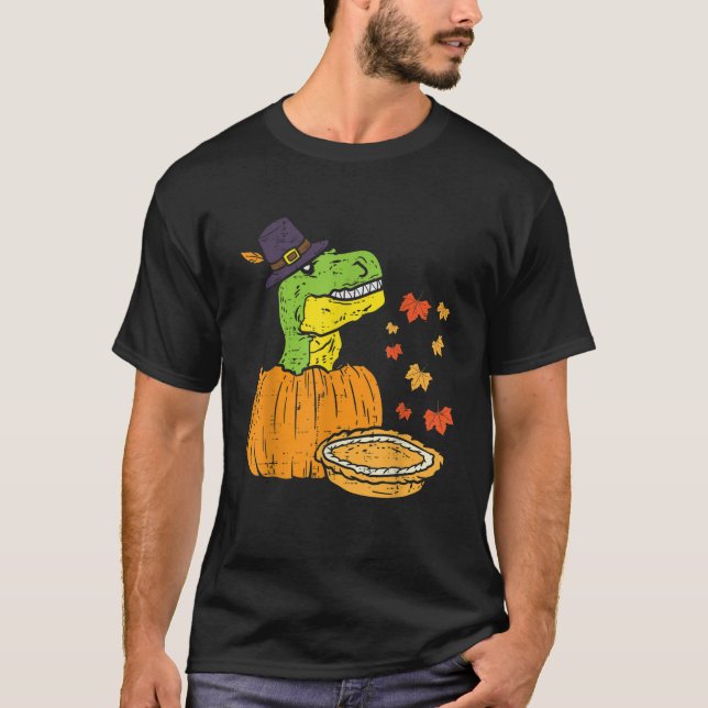T-shirt Pilgrim Trex Dinosaur Citrouille Pie Thanksgiving  (Devant)