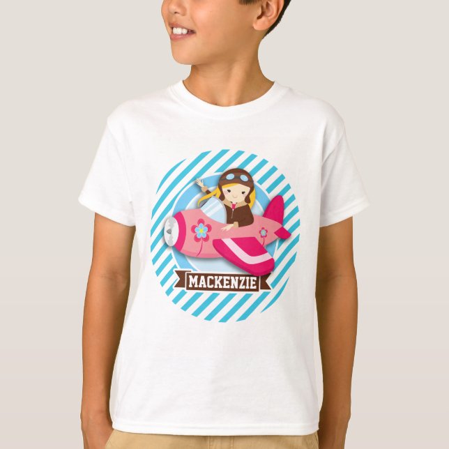 T-shirt Pilote fille en avion rose; Bleu et Blancs (Devant)