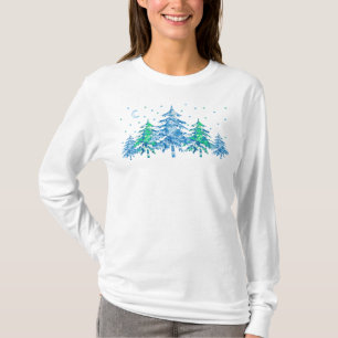 T-shirt Pine verte bleue Forêt d'hiver Noël