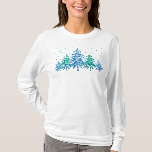 T-shirt Pine verte bleue Forêt d'hiver Noël (Devant)