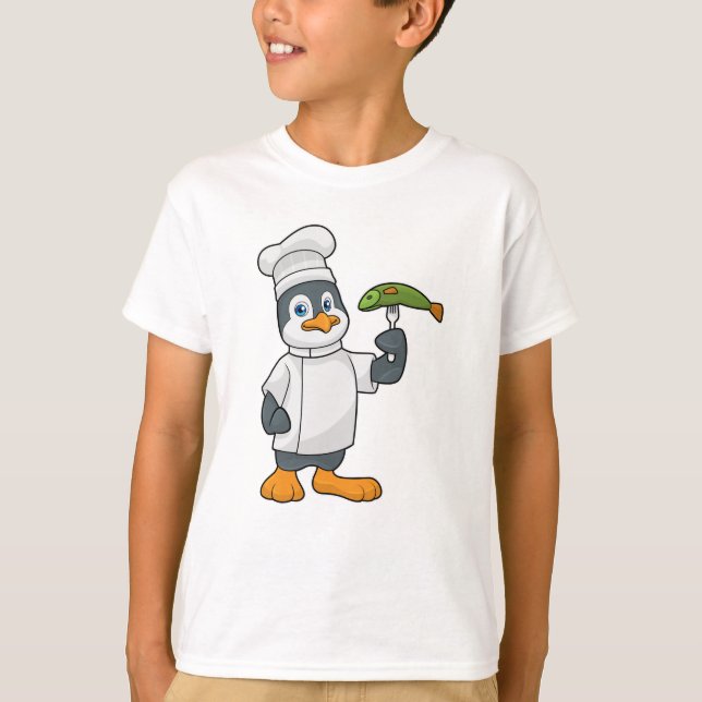 T-shirt Pingouin à cuire avec tablier de poisson et de Cui (Devant)