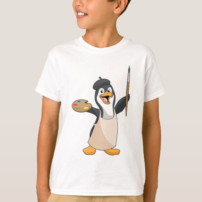 T-shirt Pingouin as Painter with Paint brush & Colour (Devant)