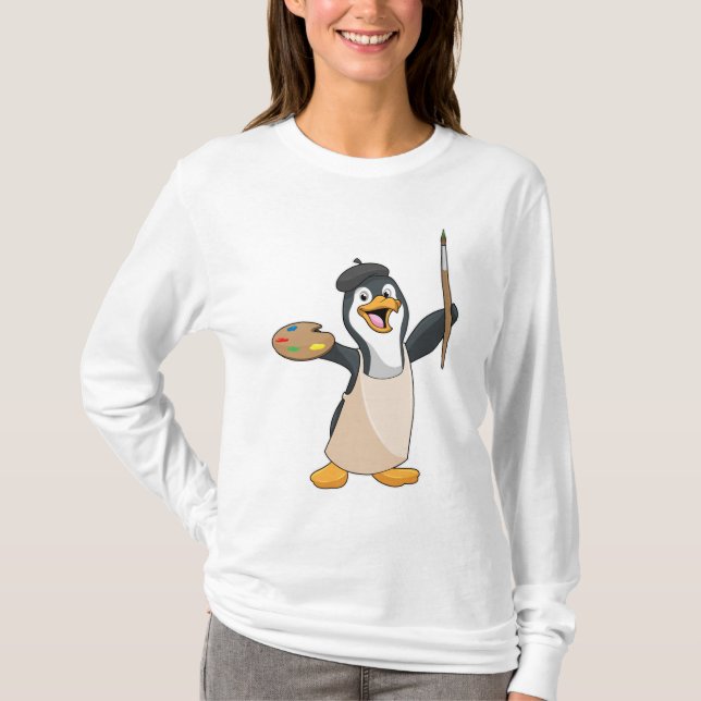 T-shirt Pingouin as Painter with Paint brush & Colour (Devant)