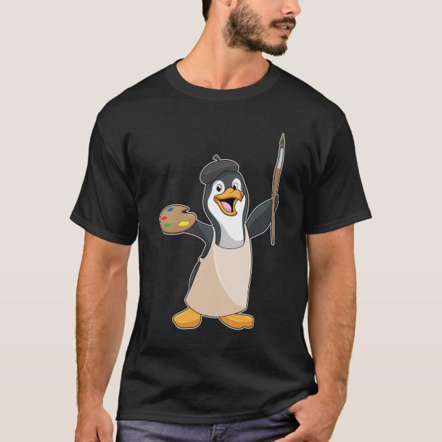 T-shirt Pingouin as Painter with Paint brush & Colour (Devant)