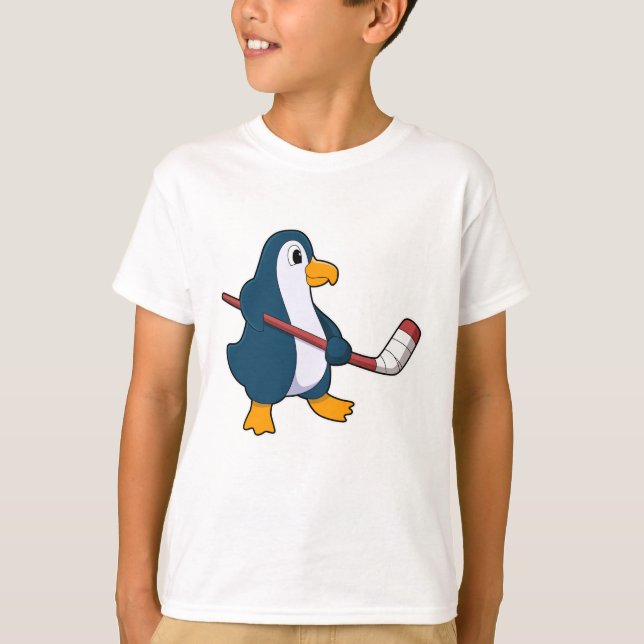 T-shirt Pingouin au hockey sur glace avec bâton de hockey  (Devant)