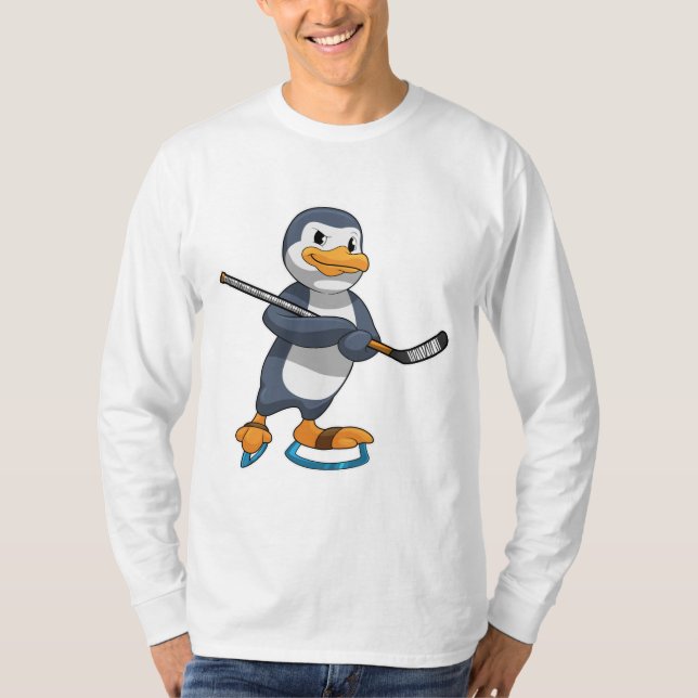 T-shirt Pingouin au hockey sur glace avec bâton de hockey  (Devant)