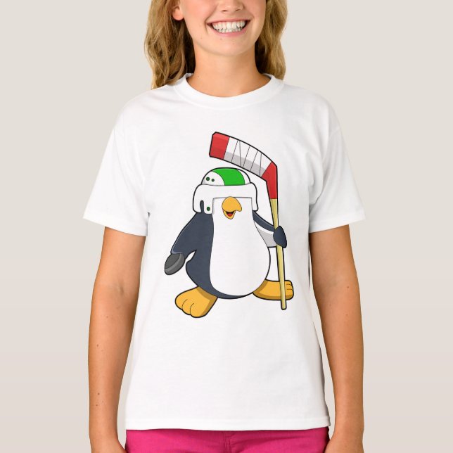 T-shirt Pingouin au hockey sur glace avec bâton de hockey  (Devant)