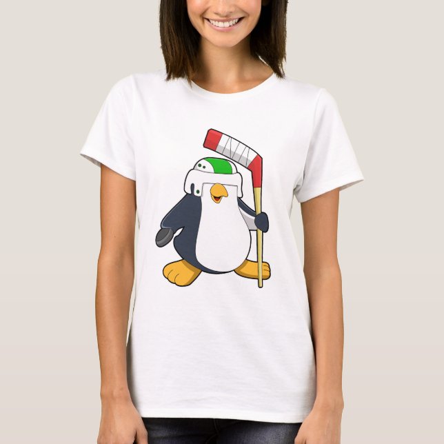 T-shirt Pingouin au hockey sur glace avec bâton de hockey  (Devant)