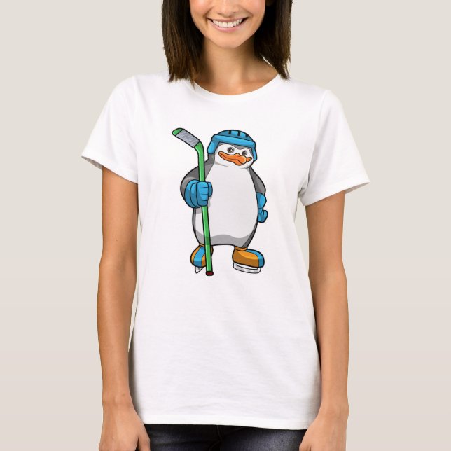 T-shirt Pingouin au hockey sur glace avec bâton de hockey  (Devant)