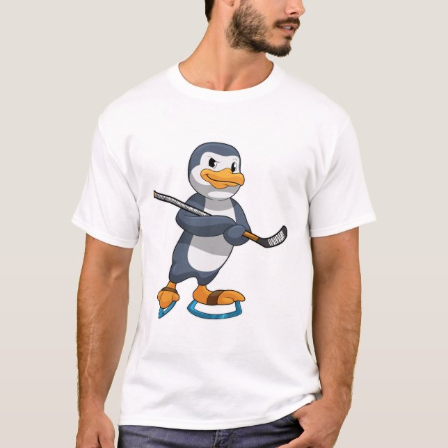 T-shirt Pingouin au hockey sur glace avec bâton de hockey  (Devant)