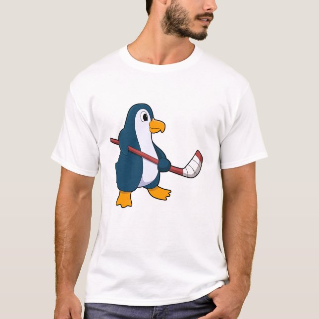T-shirt Pingouin au hockey sur glace avec bâton de hockey  (Devant)