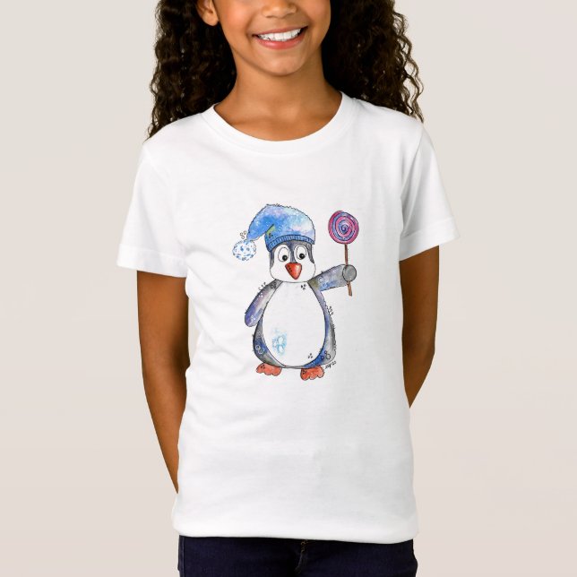 T-Shirt Pingouin blanc mignon avec Lollipop (Devant)