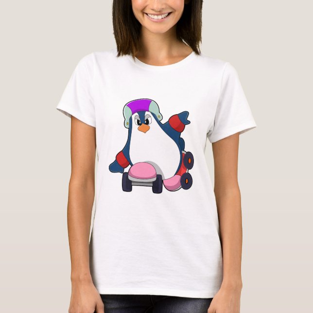 T-shirt Pingouin comme Patineur Inline avec Patins Inline (Devant)