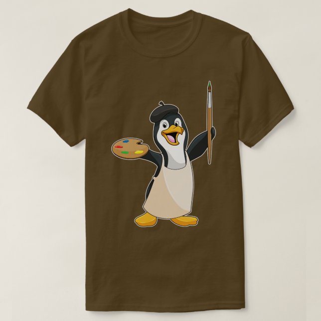 T-shirt Pingouin comme Peintre avec pinceau couleur (Design devant)