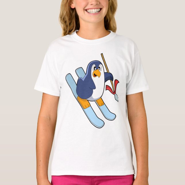 T-shirt Pingouin comme skieur avec ski (Devant)