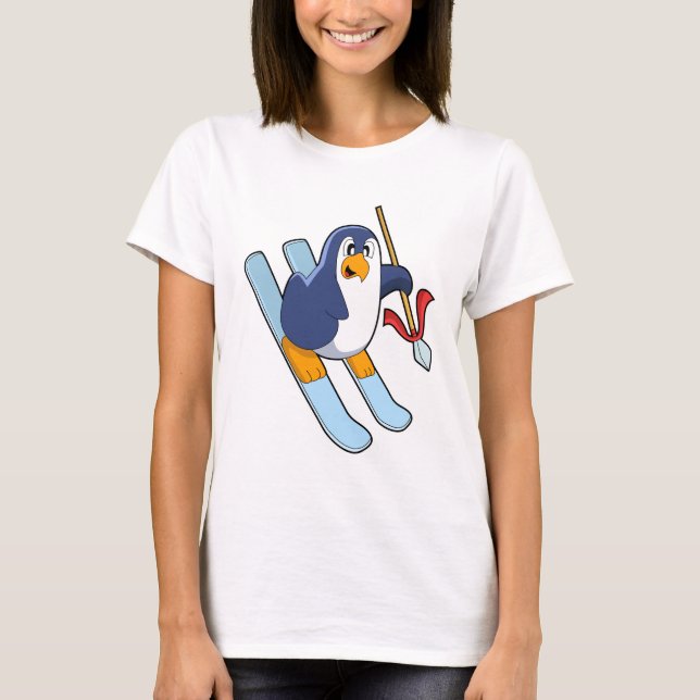 T-shirt Pingouin comme skieur avec ski (Devant)