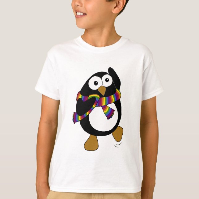 T-shirt Pingouin de bande dessinée utilisant une écharpe (Devant)