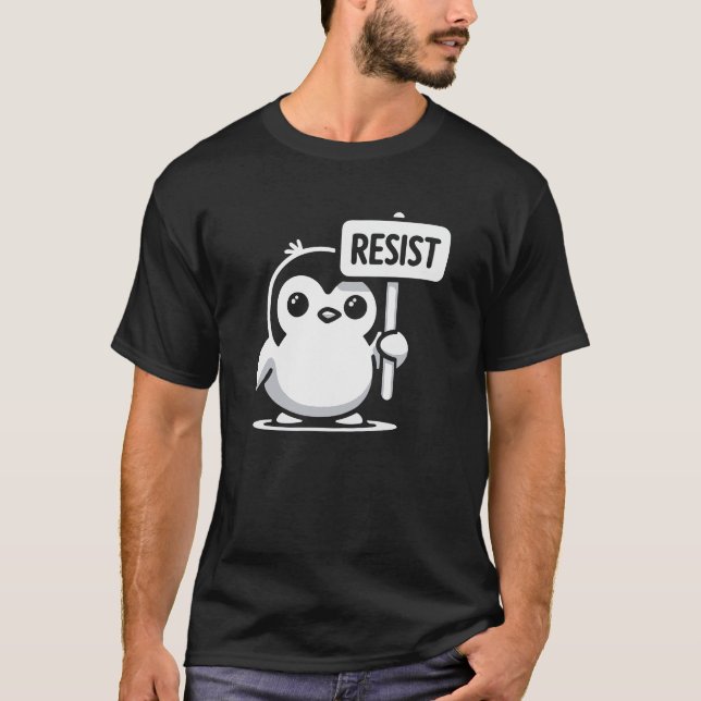 T-shirt Pingouin de dessin animé portant le signe "RESIST" (Devant)