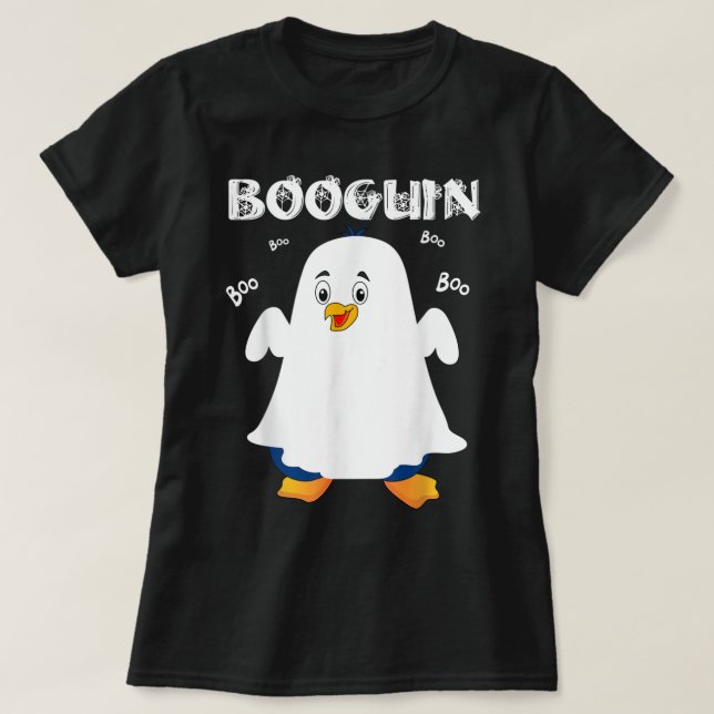 T-shirt Pingouin d'Halloween Booguin en costume fantôme dr (Design devant)