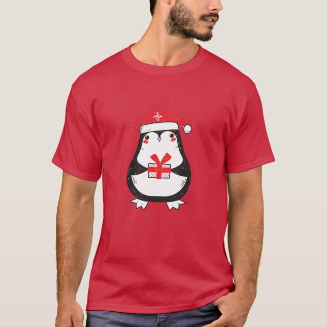 T-shirt Pingouin mignon avec cadeau de Noël (Devant)