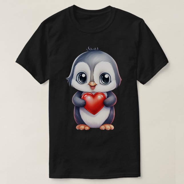 T-shirt Pingouin mignon bébé tenant un coeur (Design devant)