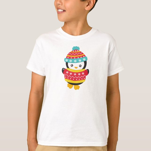 T-shirt Pingouin mignon, Pingouin avec pull, Casquette (Devant)