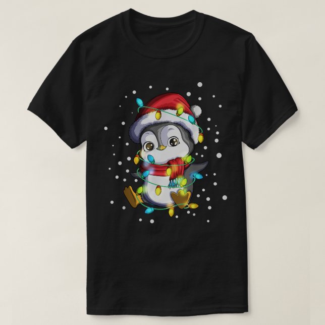 T-shirt Pingouin Santa Hat Lumières de Noël (Design devant)