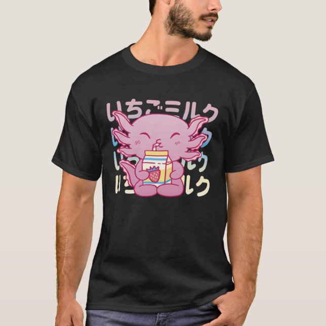 T-shirt Pink Axolotl Drinking Strawberry Milk (Devant)