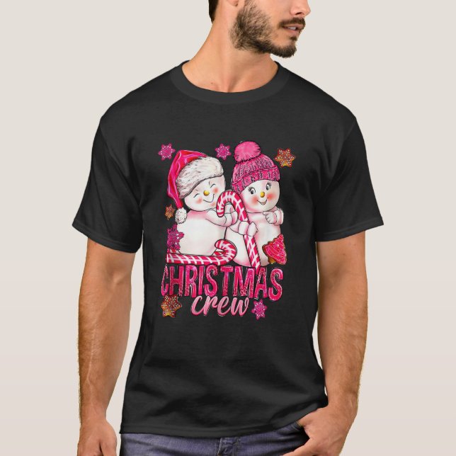 T-shirt Pink Christmas Crew Snowman Avec Sucre de canne Xm (Devant)