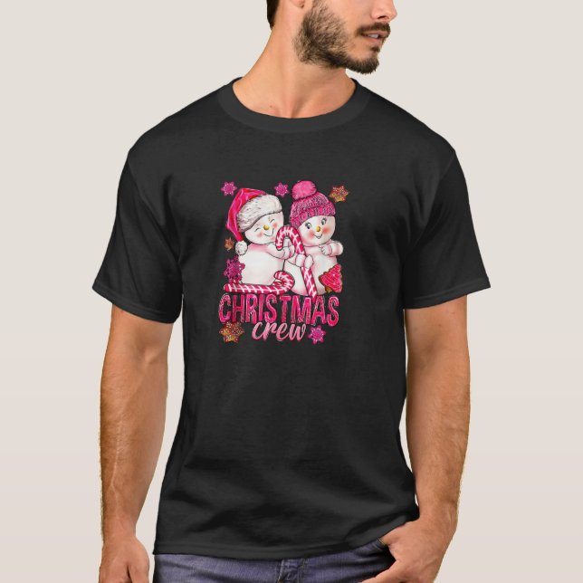 T-shirt Pink Christmas Crew Snowman Avec Sucre de canne Xm (Devant)