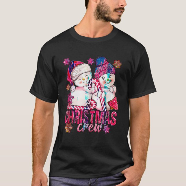 T-shirt Pink Christmas Crew Snowman Avec Sucre de canne Xm (Devant)