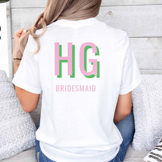 T-shirt Pink clair + Soirée de mariage Monogramme vert (Light Pink + Green Monogram Wedding Party Tshirt)