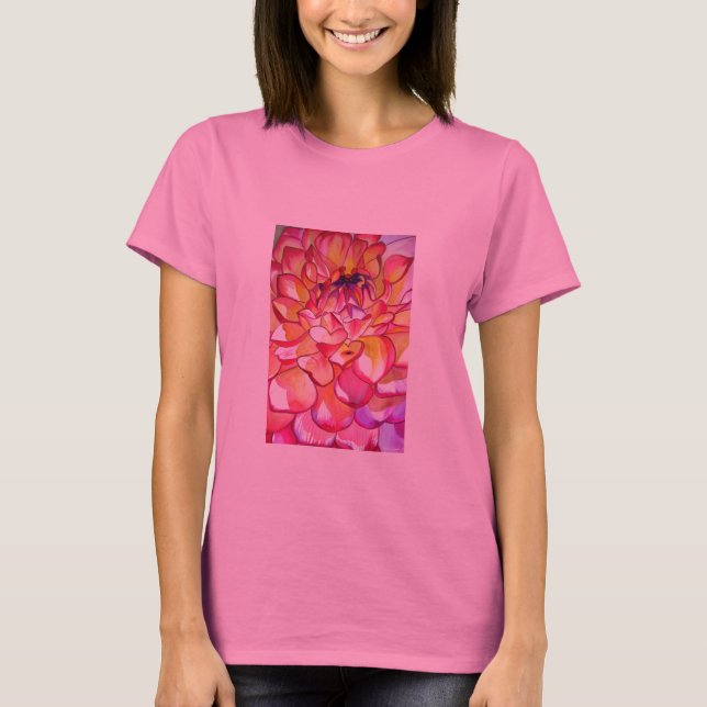 T-shirt Pink Dahlia fleurs aquarelle art (Devant)
