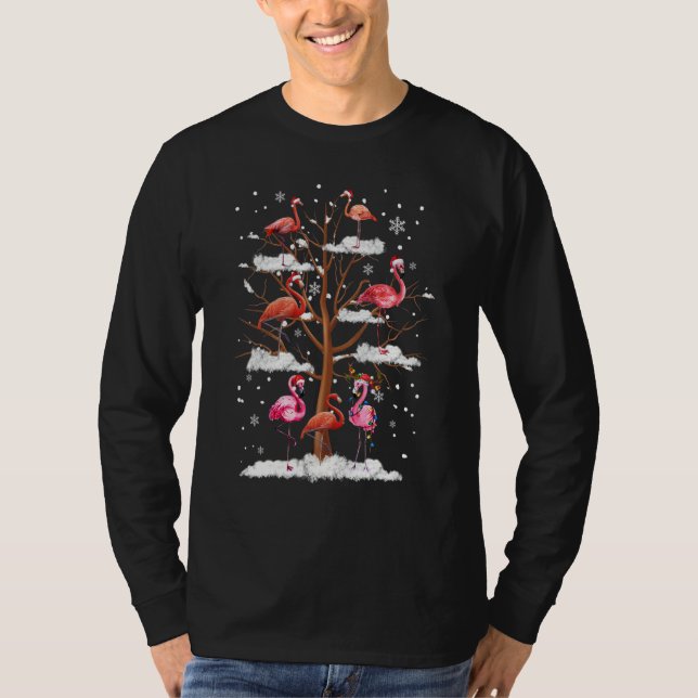 T-shirt Pink Flamingo Christmas Tree Light Santa Hat  Xmas (Devant)