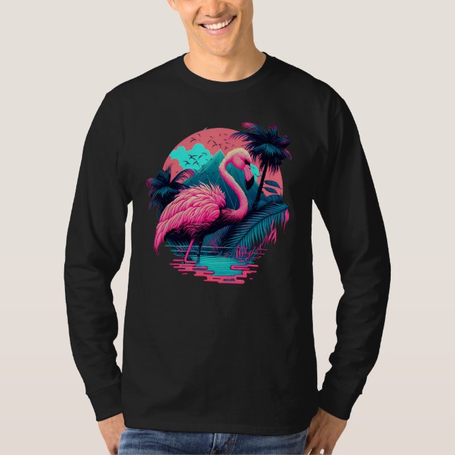 T-shirt Pink Flamingo Retro Synthwave Pineapple Tropical S (Devant)