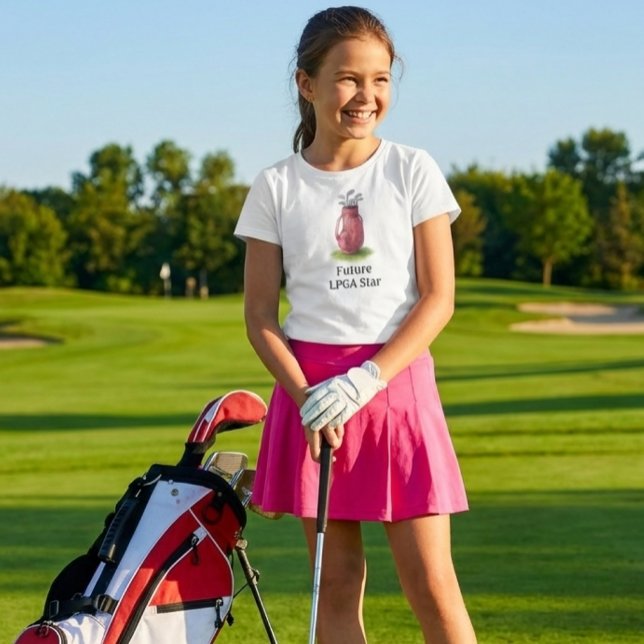 T-Shirt Pink Golf Bag Junior Youth Girl  (Junior girl golf shirt.  Watercolor illustrated golf bag and "Future  LPGA star" slogan )