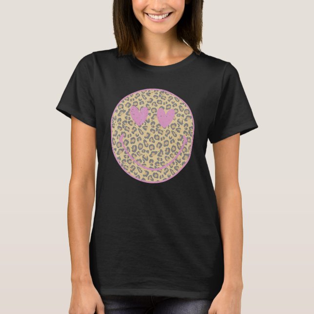 T-shirt Pink Leopard Smile Face  Heart Eyes Happy Face (Devant)