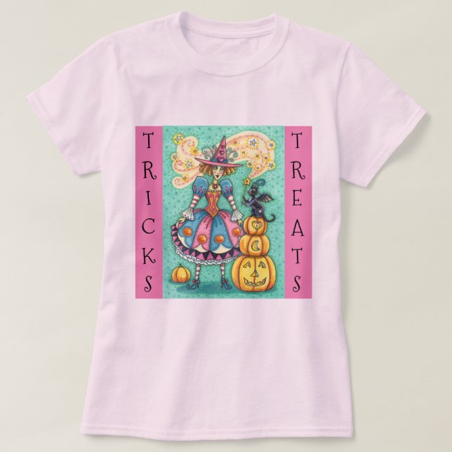 T-SHIRT PINK PARTY WITCH, MAGIC BLACK CHAT TRICK OU TRAITE (Design devant)