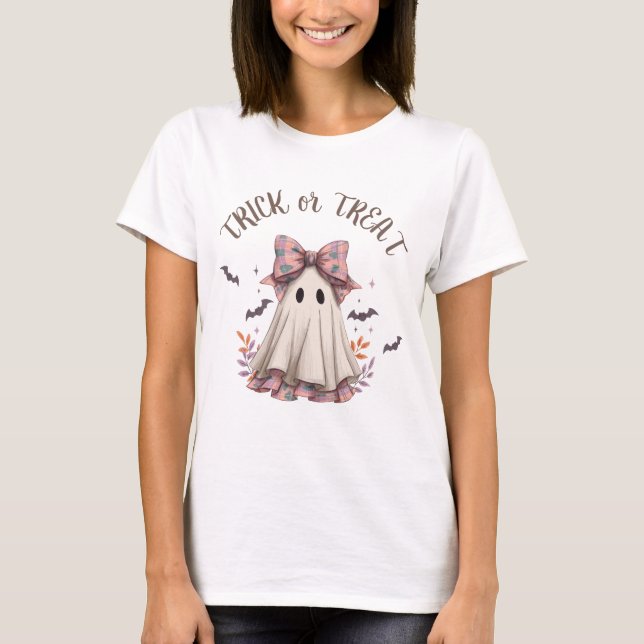 T-shirt Pink Plaid Bow mignon Fille Fantôme Halloween (Devant)