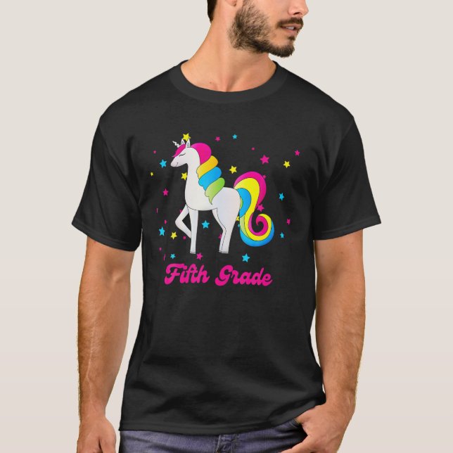 T-shirt Pink Rainbow Unicorn Retour À L'École Cinquième An (Devant)