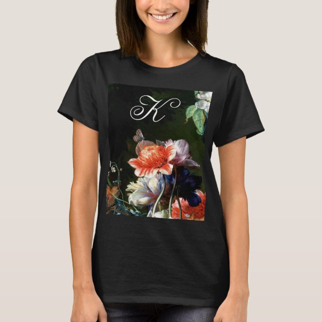 T-SHIRT PINK RED ANEMONES WHITE FLOWERS, BUTTERFLY MONOGRA (Devant)