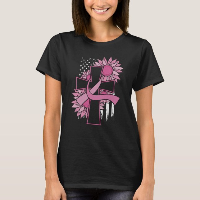 T-shirt Pink Ribbon Cross Sunflower Cancer du sein Foi (Devant)