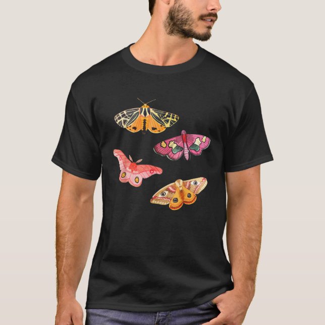 T-shirt Pink Rosy maple tiger moths Hand drawn butterflies (Devant)