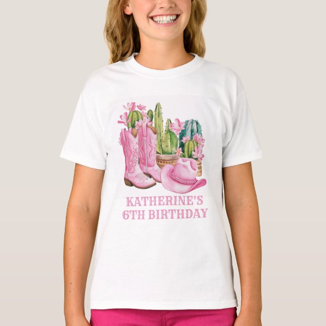 T-shirt Pink West Cowgirl Cactus Aquarelle Anniversaire (Devant)