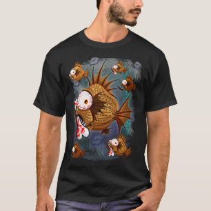 T-shirt Piranha Poisson Psychotique avec Os Sanglant