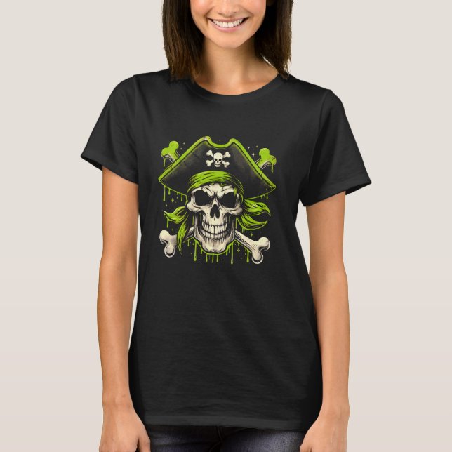 T-shirt Pirate Crâne Calico Jack Jolly roger Bones Vert G (Devant)