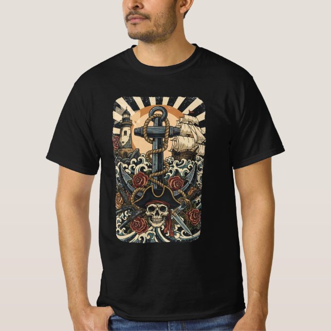 T-shirt Pirates perdus dans l'océan Halftone Noir (Devant)