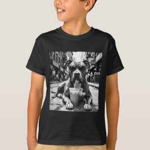 T-shirt Pit Bull Buvant un Café Glacé Art de Rue de Chien